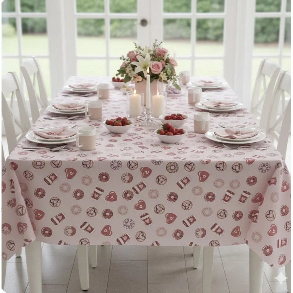 Huntington Home Vinyl Tablecloth 60x84 Pink Hearts Coffee Donuts Valentines Day